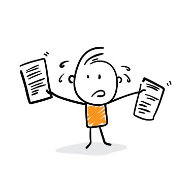 İşadamı - Ofis çalışanı, kağıt işleriyle uğraşıyor. Erkek el çizimi karalama çizimi çizgi film tasarım karakteri - izole vektör çizimi insan çizimi.