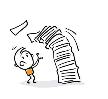 İşadamı - Ofis çalışanı, kağıt işleriyle uğraşıyor. Erkek el çizimi karalama çizimi çizgi film tasarım karakteri - izole vektör çizimi insan çizimi.