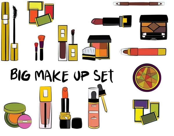 Hand Drawn Cosmetics Set Make Mascara Lipstick Eye Shadows Brush — Stock Vector