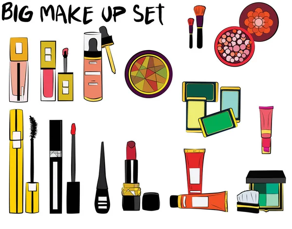 stock vector Hand drawn cosmetics set. Make up, mascara, lipstick, eye shadows, brush, powder, lip gloss, perfume - Fashion illustration vector. Beauty Make up Fashion Girl Day Doodle Icons Hand Made