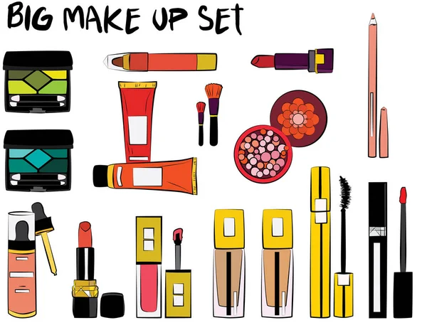 Hand Drawn Cosmetics Set Make Mascara Lipstick Eye Shadows Brush — Stock Vector