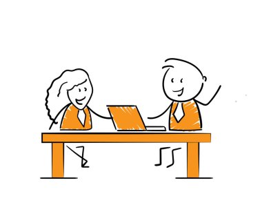 İş kadını ve işadamı - Ofis çalışanı yöneticileri masaya oturur, kız ve erkek el çizimi karikatür çizer çizgi film karakterleri - kadın ve erkeğin izole vektör çizimi.
