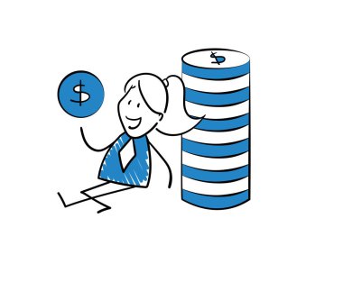 İş kadını - Ofis çalışanı, parası olan yönetici, kız el çizimi karalama çizgisi çizimi, karikatür tasarım karakteri - izole edilmiş kadın vektör çizimi.