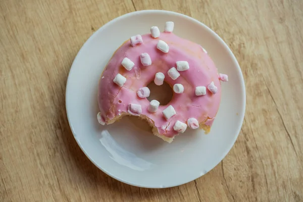 Bitten Pink Donuts Plate — Stock Photo, Image