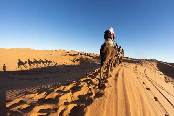 Puesta Sol Sobre Las Dunas Arena Gente Montando Camello Desierto — Foto de Stock
