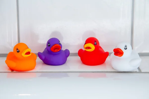 Colorful rubber ducks in the bathroom. Bathing fun for young and old. The perfect decoration or even toys in the bathroom. But also a squid, crocodile and starfish made of rubber.