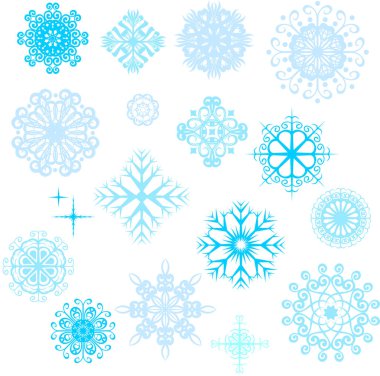 Vektör kar taneleri, beyaz zemin üzerine mavi kar taneleri kümesi