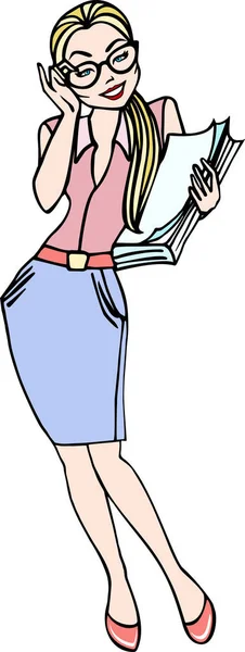 Femme d'affaires dans des lunettes et une pile de paperasse en couleur — Image vectorielle