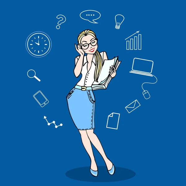 Mujer de negocios en gafas y un montón de papeleo en color, con iconos de negocios. Concepto negocio vector ilustración — Archivo Imágenes Vectoriales