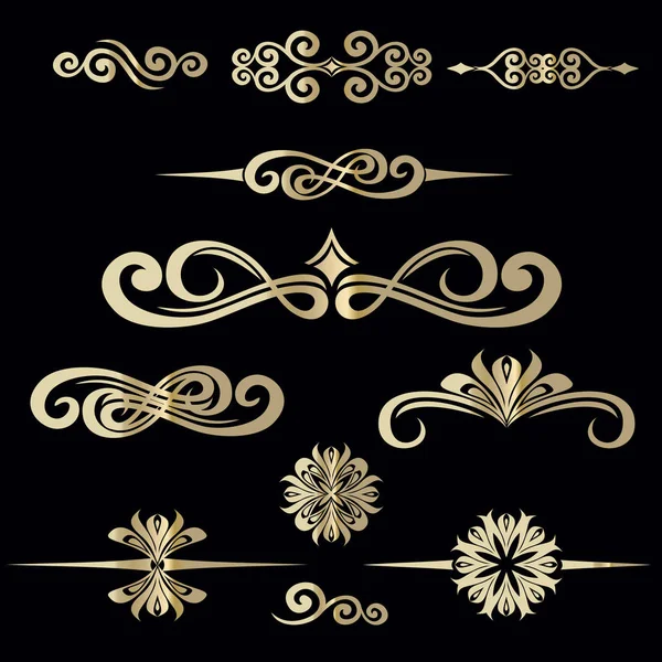 Colección de marco vintage dibujado a mano para la decoración de texto en vector en oro sobre fondo negro — Vector de stock