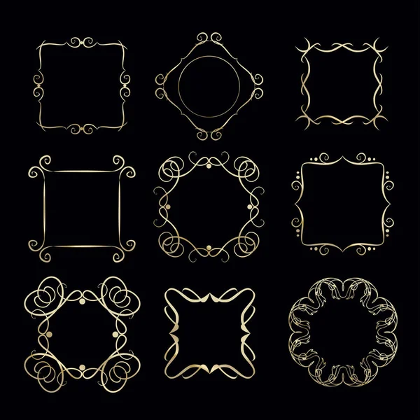 Conjunto de marco vintage dibujado a mano para la decoración de texto en vector en oro. Marco de élite de lujo — Vector de stock