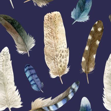 Mavi arka planda suluboya tüyler. Kusursuz desen. Arkaplan, kumaş, duvar kağıdı ve diğer basılı ürünler için bir kavram