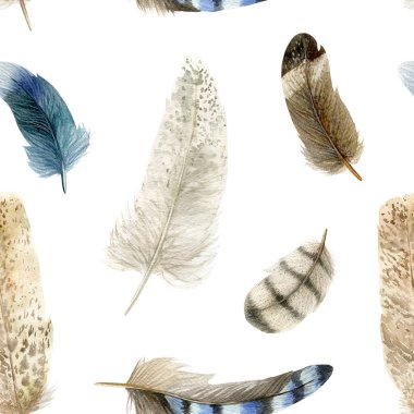 Beyaz arka planda suluboya tüyler. Kusursuz desen. Arkaplan, kumaş, duvar kağıdı ve diğer basılı ürünler için bir kavram