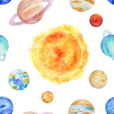 Beyaz zemin üzerinde kusursuz bir güneş sistemi suluboya elementleri