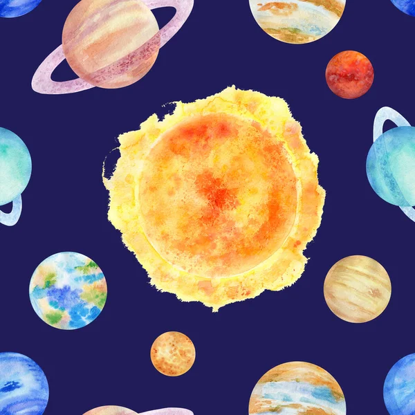 A seamless pattern solar system watercolor elements on a blue background