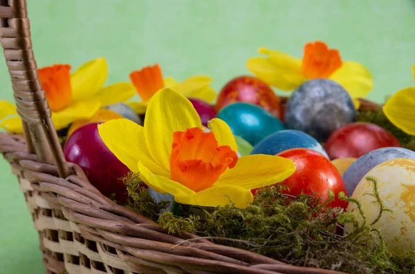 Pascua Huevos Pintados Colores Una Canasta Mimbre Con Musgo Sobre —  Fotos de Stock