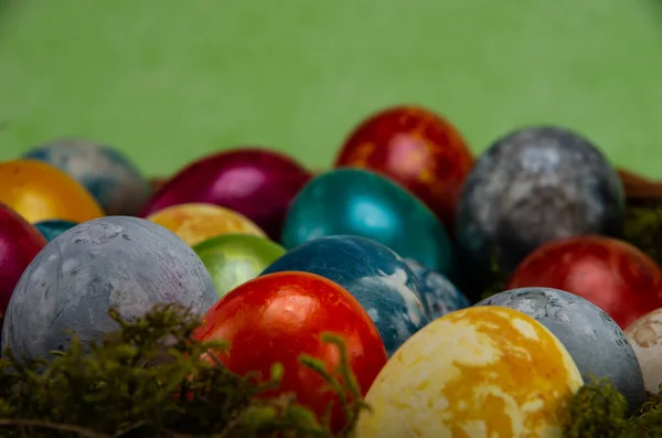 Pascua Huevos Pintados Color Con Musgo Sobre Fondo Verde —  Fotos de Stock