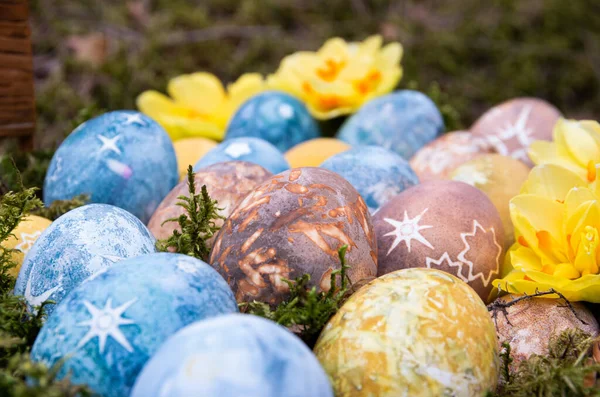 Velikonoční Malovaná Vejce Hvězdami Narcisy Jídlo — Stock fotografie