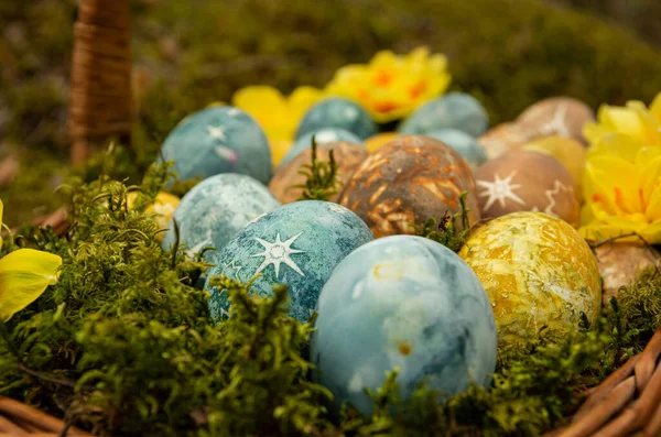 Huevos Pintados Pascua Con Estrellas Narcisos Comida —  Fotos de Stock