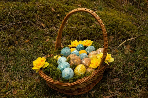 Huevos Pintados Pascua Con Estrellas Narcisos Comida —  Fotos de Stock