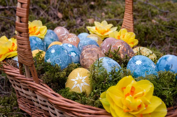 Huevos Pintados Pascua Con Estrellas Narcisos Comida —  Fotos de Stock