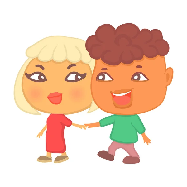 Linda pareja hipster estilo de dibujos animados en el amor en una fecha caminando de la mano, hablando, coqueteando y riendo. Niño y niña juntos, dos personajes de cabeza grande en pose romántica aislados sobre fondo blanco . — Vector de stock