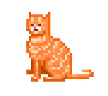 Sitting side view striped ginger cat, pixel art character isolat clipart