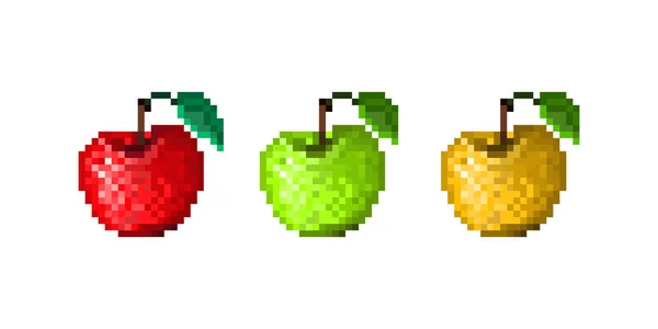 Ensemble d'icônes pixel art. Pommes rouges, vertes, jaunes avec feuille. Vieux — Image vectorielle