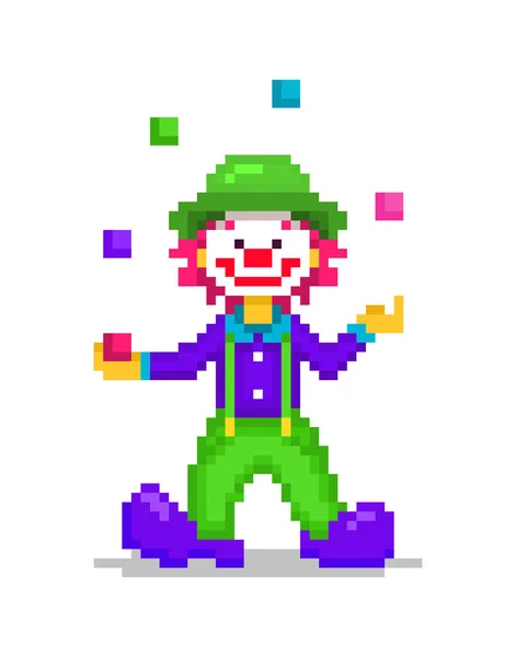 Pixel art illustration, glada leende clown jonglering 5 färgglada — Stock vektor