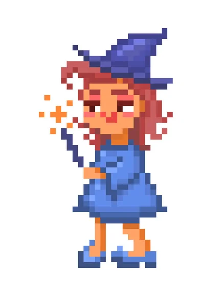 Pixel art, friendly witch in blue hat and dress putting spell wi — Stock Vector