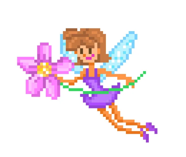 Pixel konst karaktär, små flygande älva med vingar i violett dre — Stock vektor