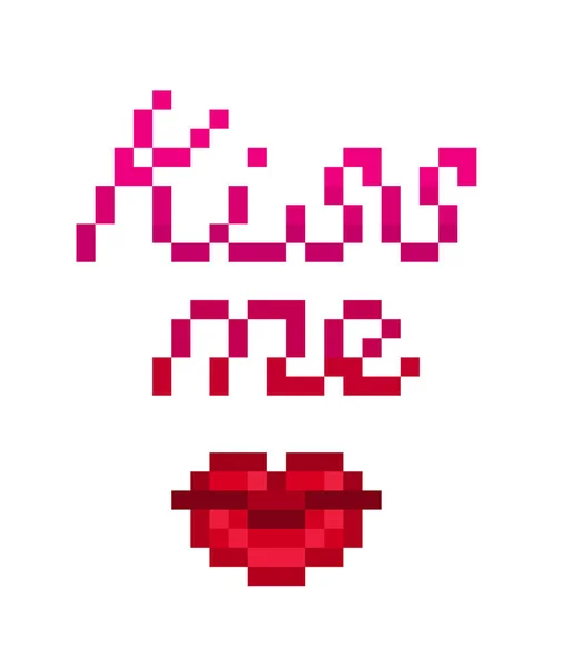 Beije-me, pixel arte lettering com lábios vermelhos símbolo isolado no wh — Vetor de Stock