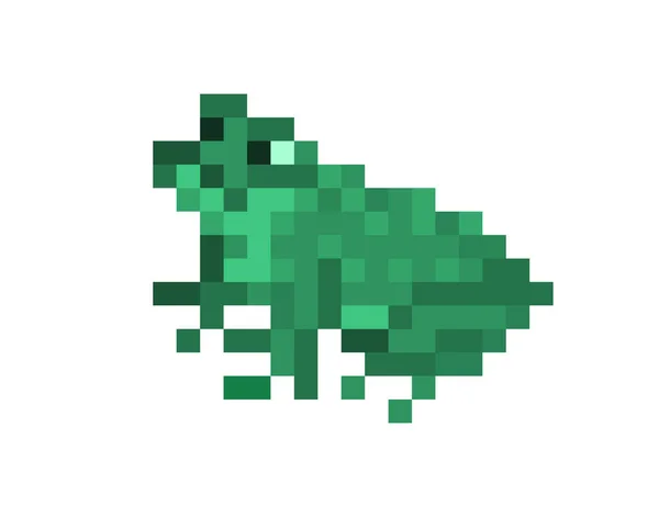 Сидящая зелёная лягушка, символ амфибии пикселей, изолированный на белом — стоковый вектор