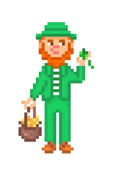 Leprechaun with pot of gold and lucky shamrock, pixel art isolat — Stock Vector