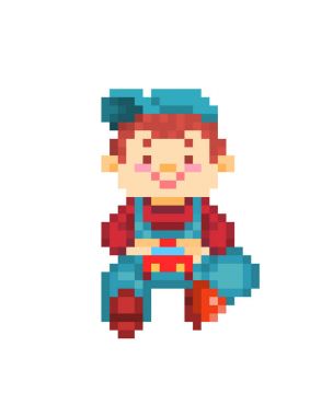 Happy smiling little boy in blue denim bib overall, cap and red  clipart