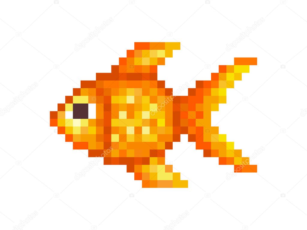 Goldfish, pixel art symbol isolated on white background. Pet animal.Popular aquarium fish. Chinese symbol of wealth and good luck. Old school 8 bit slot machine icon.Retro 80s; 90s video game graphics