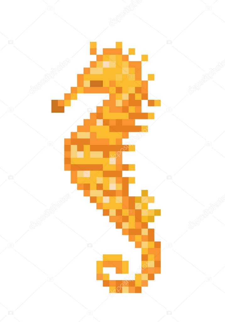 Yellow seahorse, pixel art symbol isolated on white background. Coral reef, aquarium, oceanarium fish logo. Underwater animal. Old school 8 bit slot machine icon.Retro 80s; 90s video game graphics.