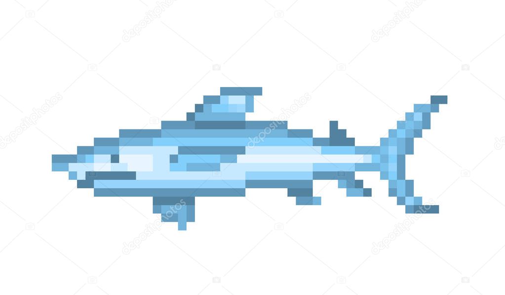 Large dangerous blue shark, pixel art symbol isolated on white b