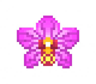 Pink blooming orchid, pixel art icon isolated on white backgroun clipart