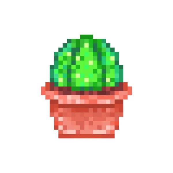 Cactus verde in vaso di fiori di argilla rossa, icona pixel art isolata su — Vettoriale Stock