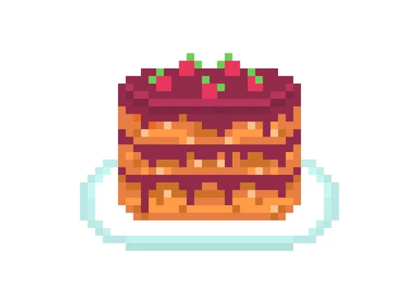Crema de chocolate y pastel de cumpleaños de fresa fresca, pixel art ic — Archivo Imágenes Vectoriales