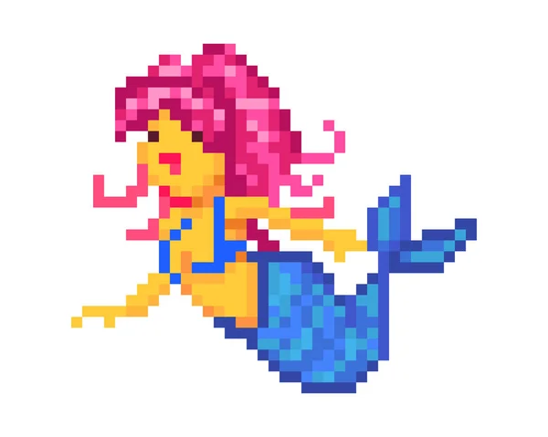 Cute mermaid with pink hair, pixel art character isolated on whi — Stock Vector