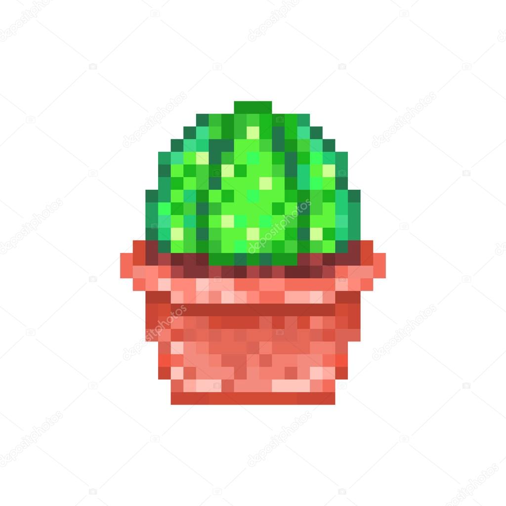 Green cactus in red clay flower pot, pixel art icon isolated on 