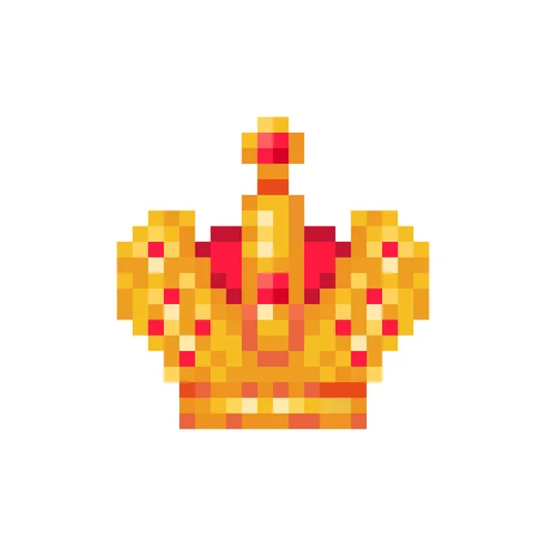 Golden Imperial crown with red gems, pixel art character isolat — стоковый вектор