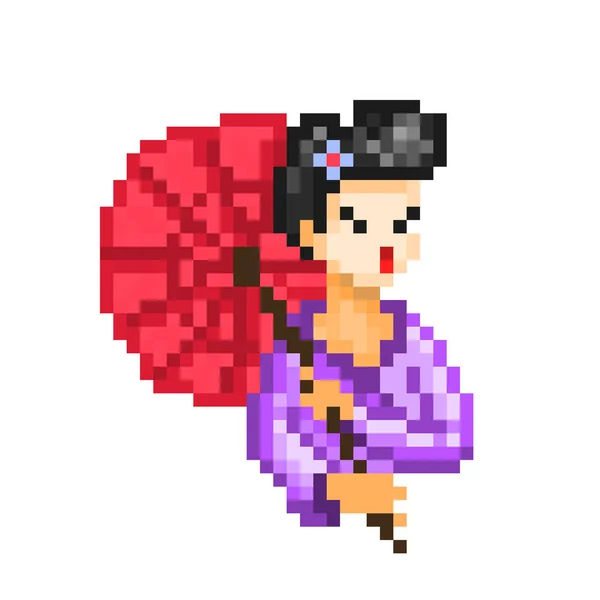 Geisha in violet kimono met rode paraplu, 8 bit pixel art chara — Stockvector