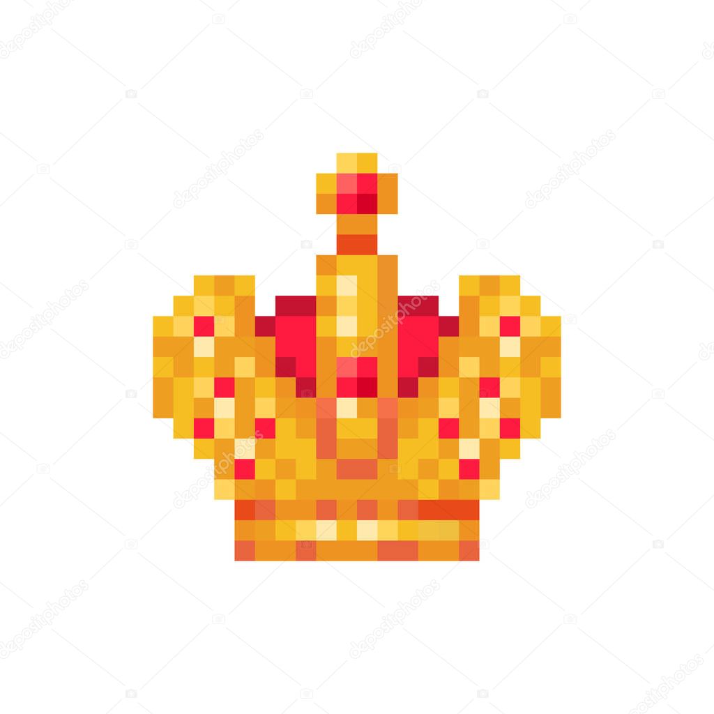 Golden Imperial crown with red gems , pixel art character isolat