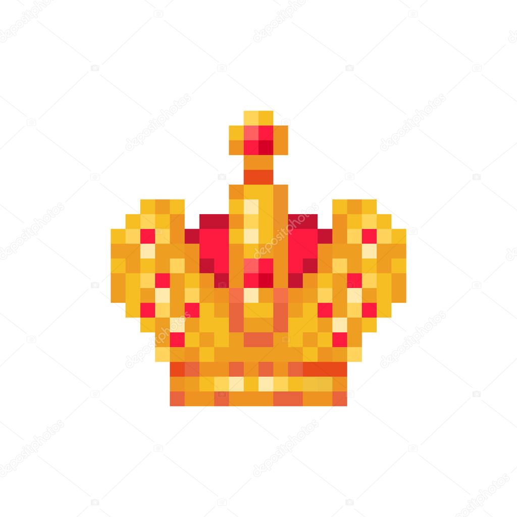 Golden Imperial crown with red gems , pixel art character isolated on white background. Old school 8 bit slot machine pictogram. Retro 80s; 90s video game graphics. King's symbol. Sign of emperor.