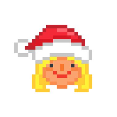 Mutlu Noel Baba 'nın karısı kırmızı Noel şapkalı, pikselli.