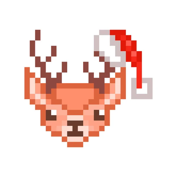 Милый олень Санты в рождественской шляпе на роге, пиксельное искусство — стоковый вектор