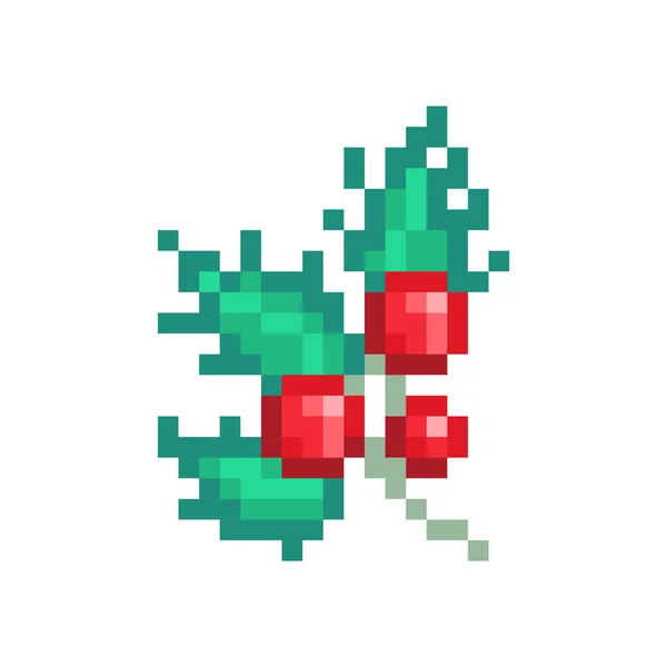 Holly větev s 3 červenými bobulemi a 3 ostnatými listy, pixel art i — Stockový vektor